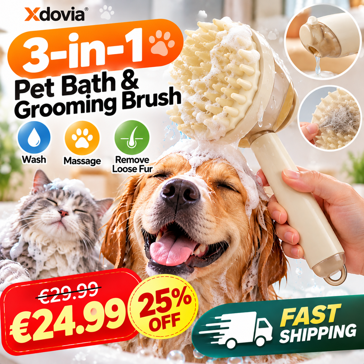 3-in-1 Pet Bath & Grooming Brush – Wash, Massage & Remove Loose Fur