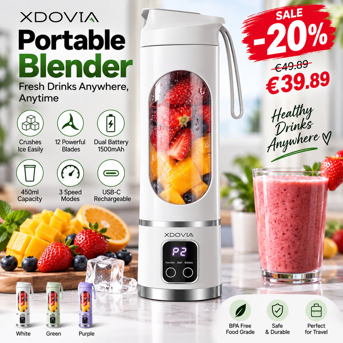 Portable USB Rechargeable Blender – Ice Crushing & Smoothies