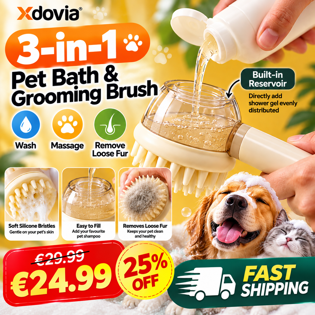 3-in-1 Pet Bath & Grooming Brush – Wash, Massage & Remove Loose Fur