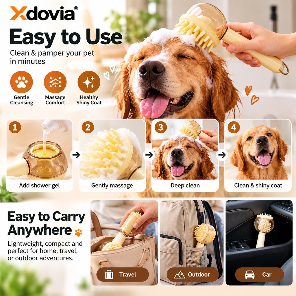 3-in-1 Pet Bath & Grooming Brush – Wash, Massage & Remove Loose Fur