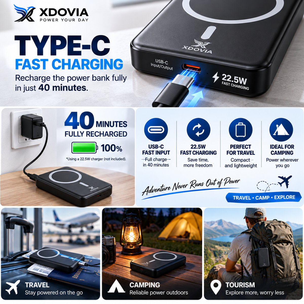 5000mAh Magnetic Power Bank – Wireless Fast Charging + USB-C